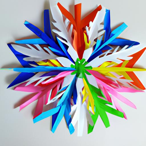 A vibrant paper snowflake made of brightly colored paper, featuring unique folds and cuts