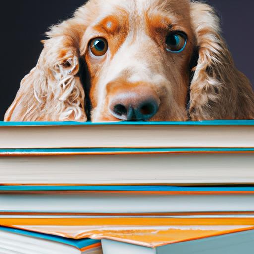 Photo of a curious dog investigating a stack of books