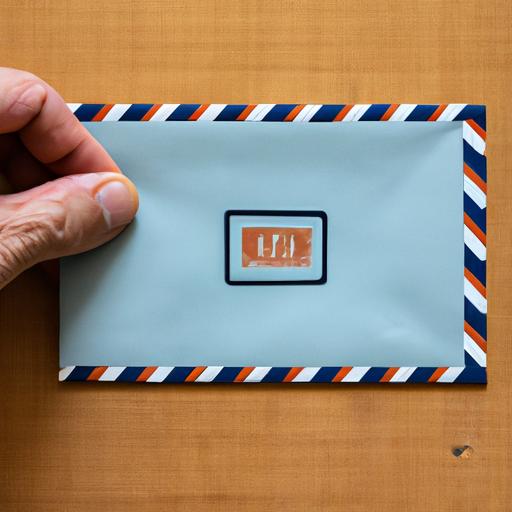 A hand holding an envelope with a postage stamp on it