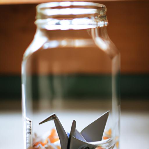 A paper crane carefully placed inside a glass jar for display