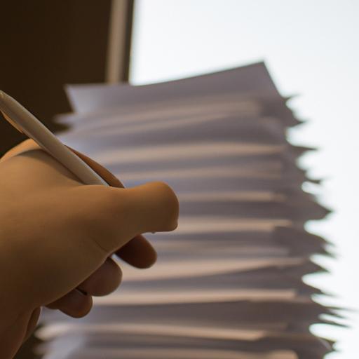 A person writing notes on a stack of white papers.