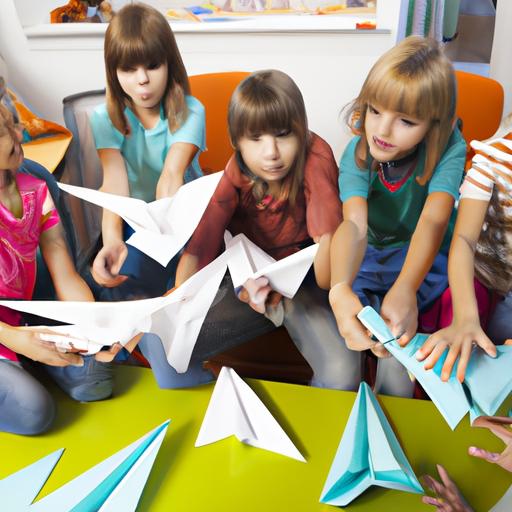 Children gather to learn how to fold paper airplanes together