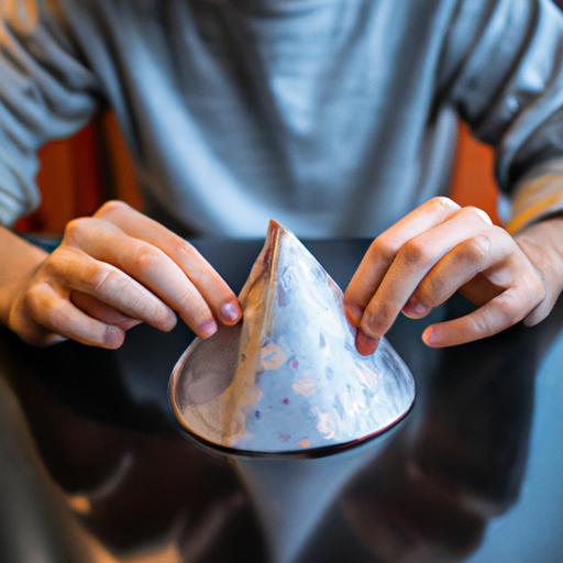 A close-up shot of a person's hands carefully folding a paper hat