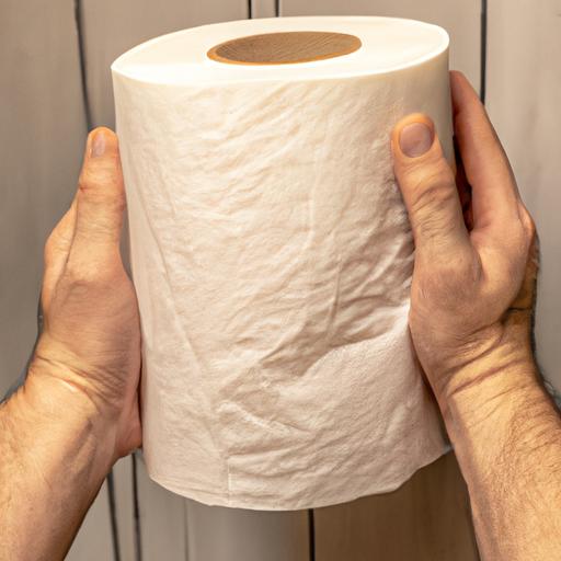 A person struggling to hold a large jumbo toilet paper roll