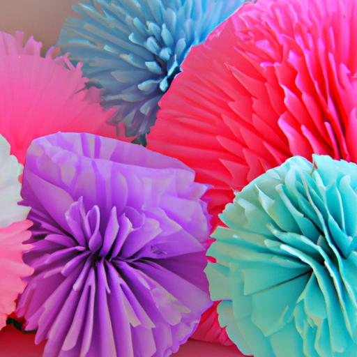 Tissue paper pom poms in various colors and sizes, perfect for party decorations